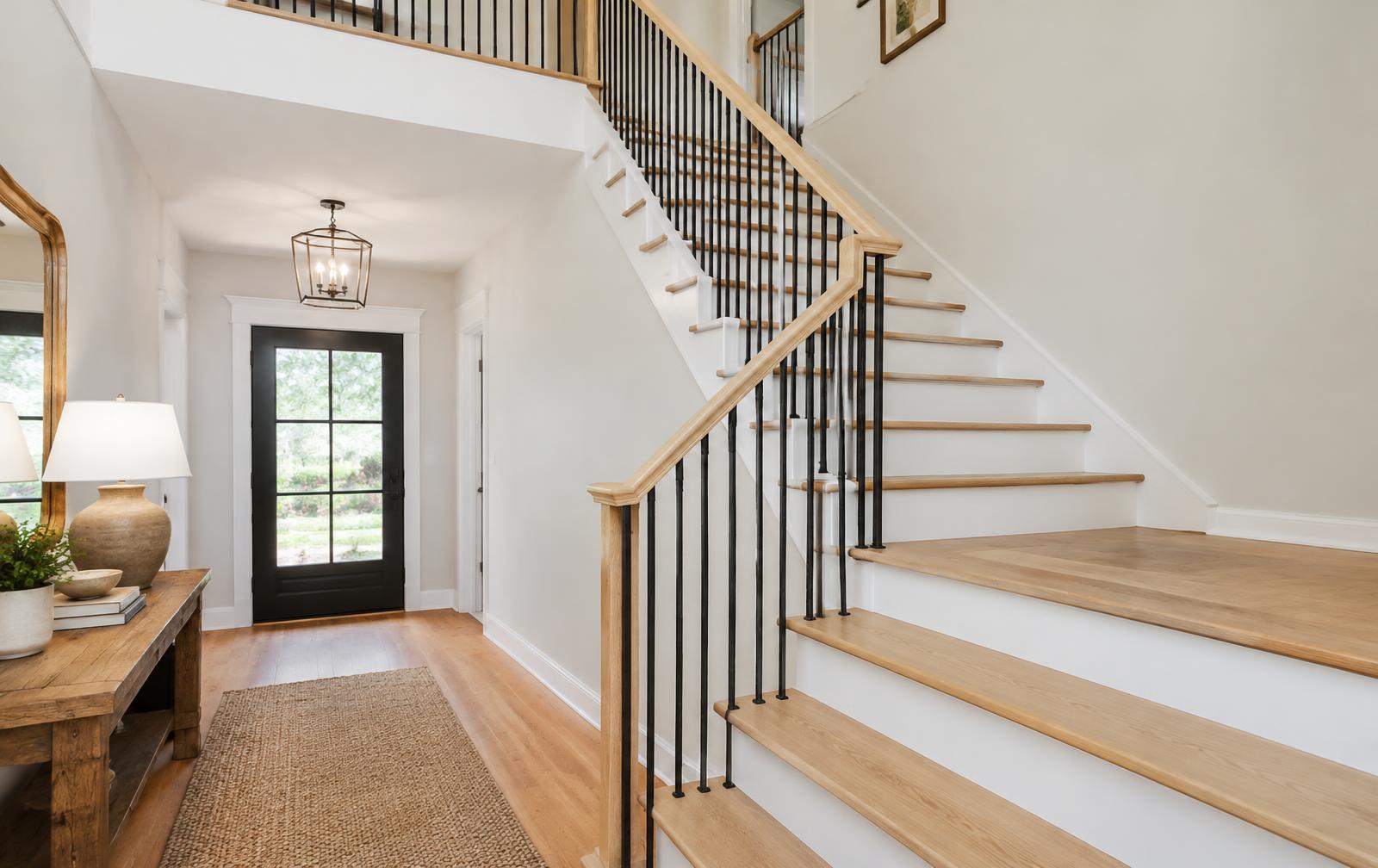 Remodeled staircase with white oak treads, white risers, and black iron balusters